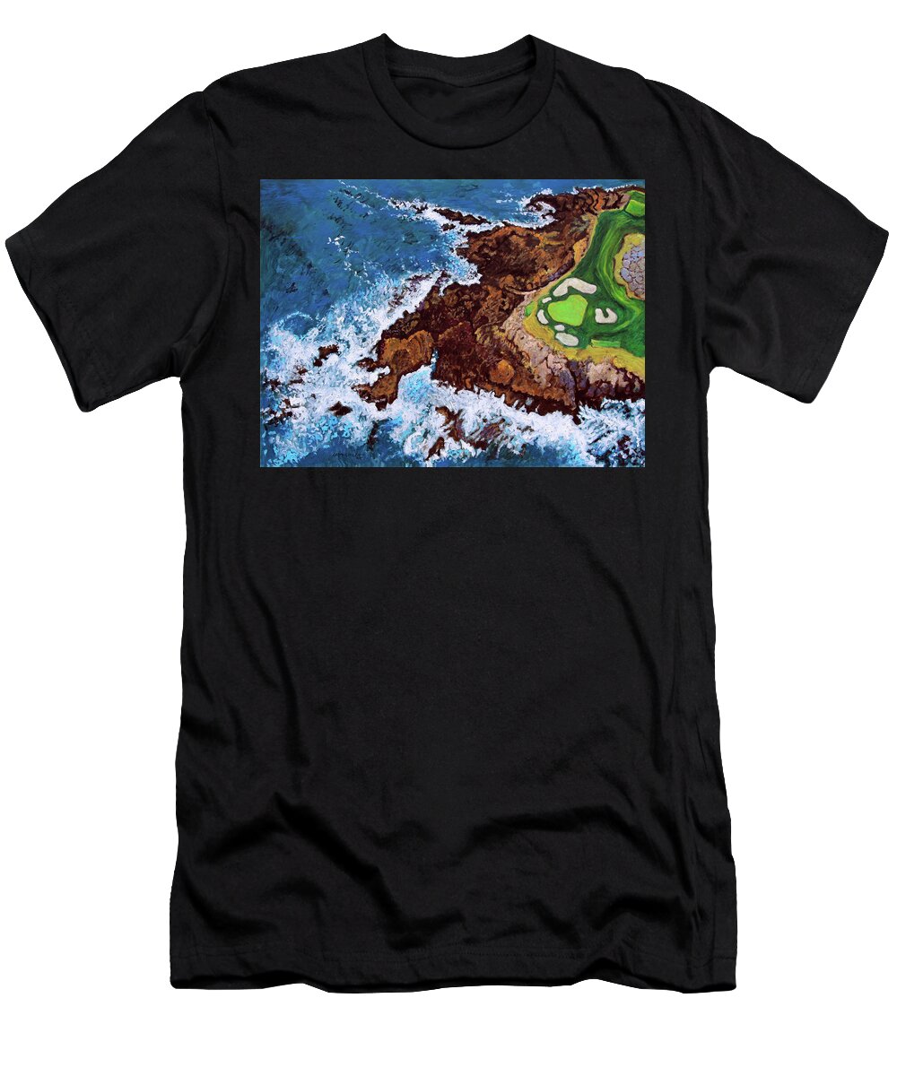 Pebble Beach T-Shirt featuring the painting Pebble Beach Golf Course by John Lautermilch