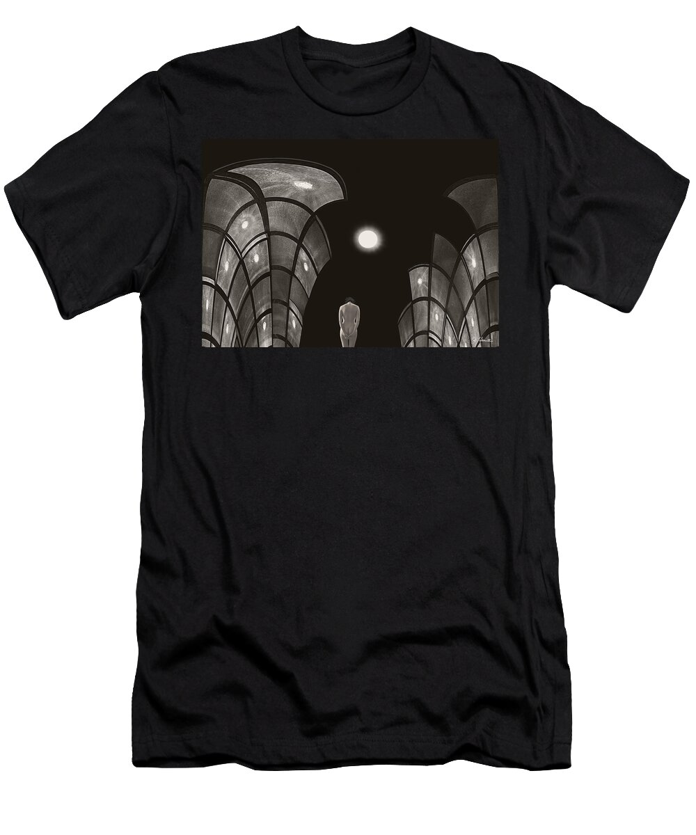 Surreal T-Shirt featuring the photograph Pensive Nude in a Surreal World by Joe Bonita