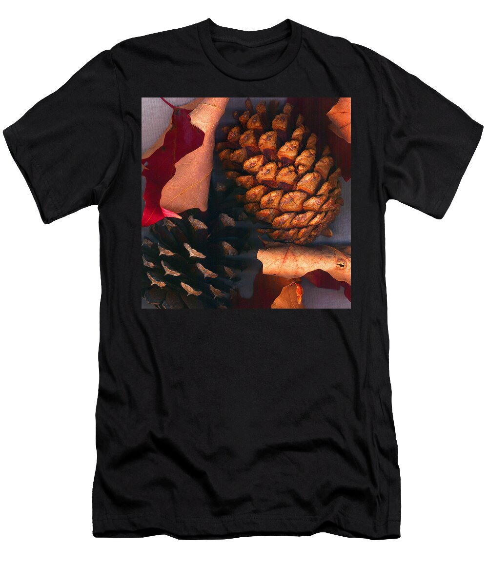Pine Cones T-Shirt featuring the photograph Pine Cones and Leaves by Nancy Mueller