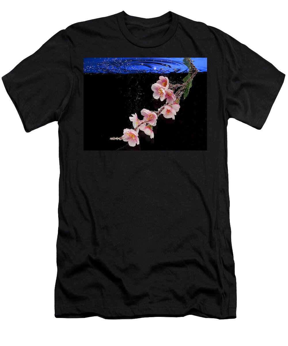 Water T-Shirt featuring the photograph Pink Blossom in Water with Bubbles by Dmitry Soloviev