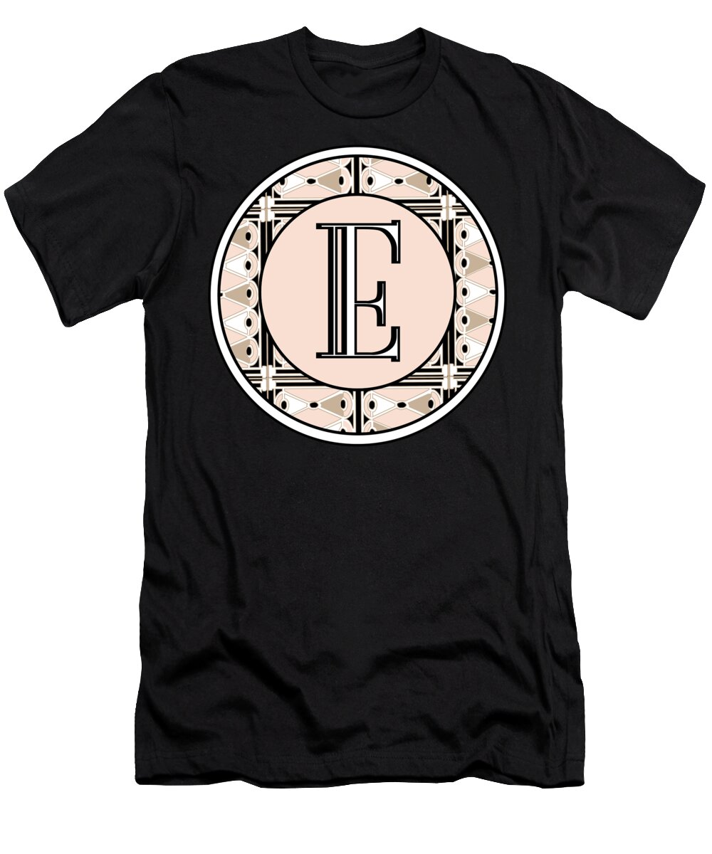 Art Deco T-Shirt featuring the digital art Pink Champagne Deco Monogram E by Cecely Bloom
