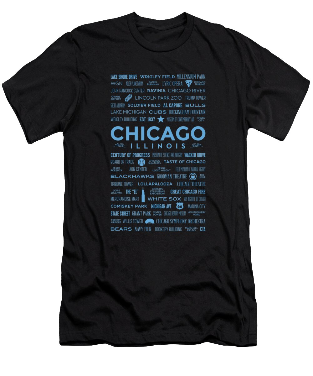 Chicago T-Shirt featuring the digital art Places of Chicago Blue on Black by Christopher Arndt
