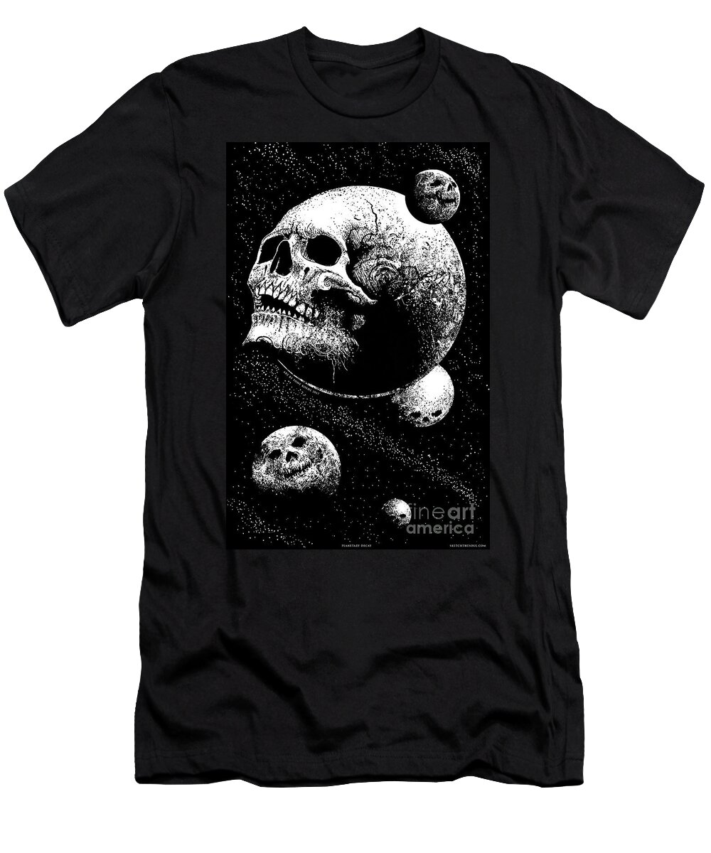 Tony Koehl; Sketch The Soul; Planets; Skull; Earth; Decay; Planetary Decay; Moon; Space; Black And White; Teeth; Death; Metal T-Shirt featuring the mixed media Planetary Decay by Tony Koehl
