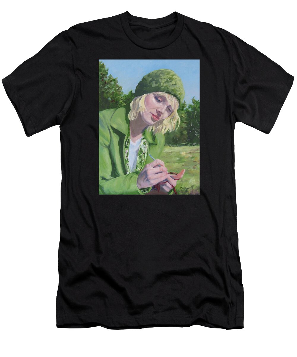 Figurative T-Shirt featuring the painting Plein Air Crocheting by Connie Schaertl