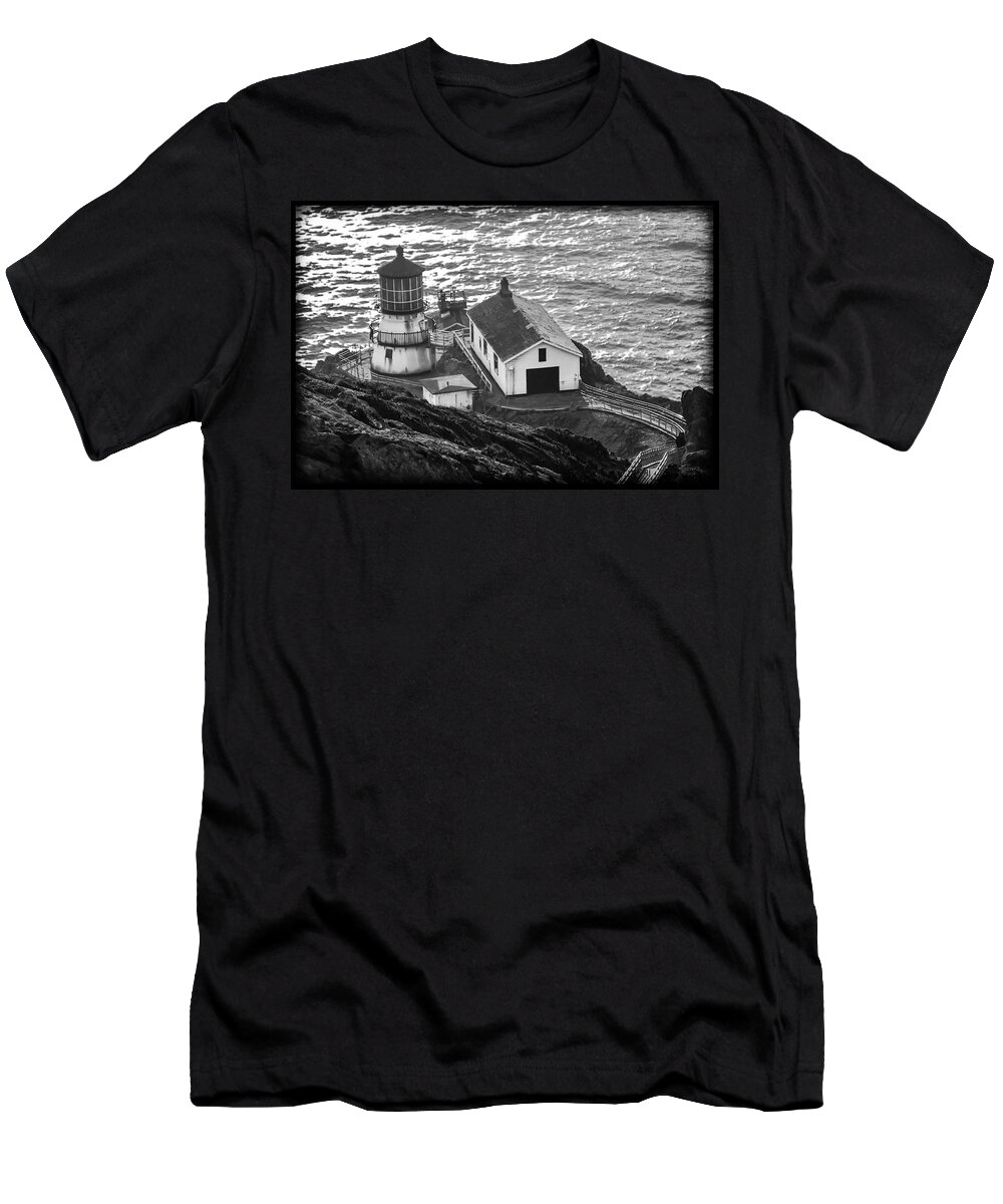 Point Reyes Lighthouse Bw T-Shirt featuring the photograph Point Reyes Lighthouse BW by Bonnie Follett