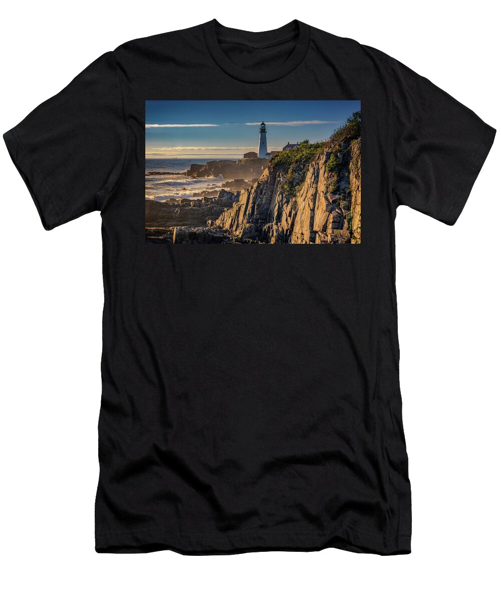Portland Head Lighthouse T-Shirt featuring the photograph Portland Head Light and the Shores of Casco Bay by Rick Berk