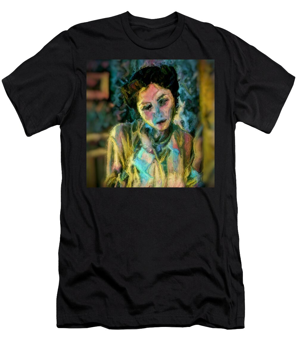 Portrait T-Shirt featuring the painting Portrait colorful female wistfully thoughtful pastel by MendyZ