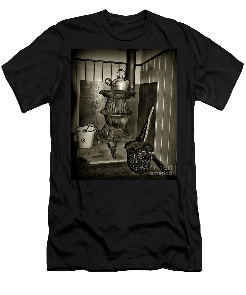 Paul Ward T-Shirt featuring the photograph Pot Belly Stove in Black and White by Paul Ward