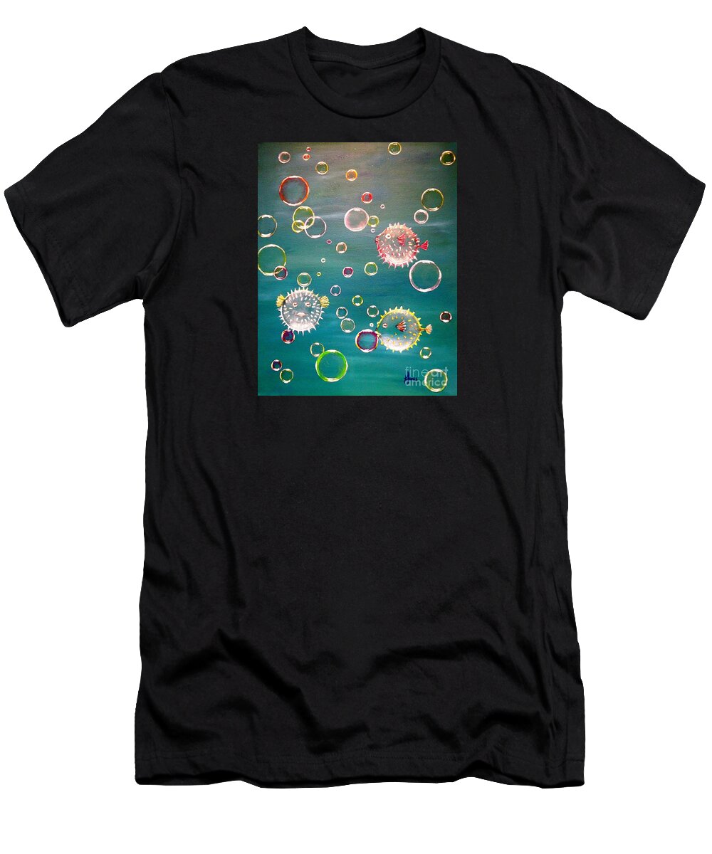 Puffer Fish T-Shirt featuring the painting Puffer Fish Bubbles by Karen Jane Jones