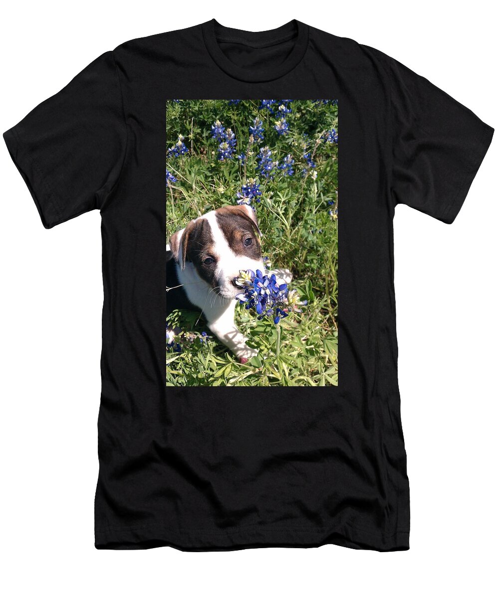 Puppy T-Shirt featuring the photograph Puppy in The Blubonnets by Marie Millard
