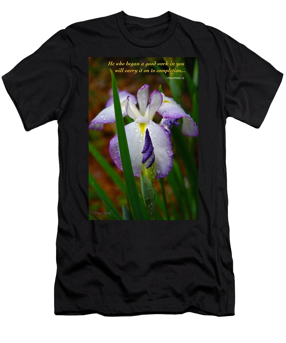 Flower T-Shirt featuring the photograph Purple Iris in Morning Dew by Marie Hicks