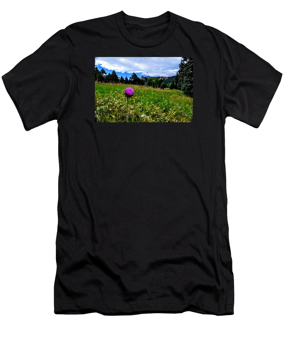 Purple Flower T-Shirt featuring the photograph Purple Mountain Attention by Michael Brungardt