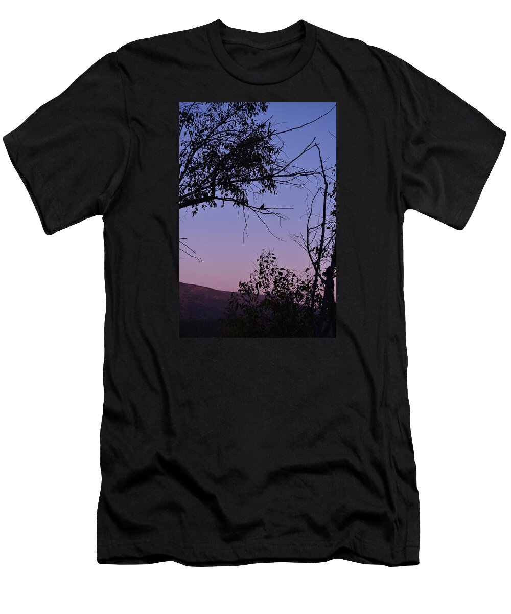 Linda Brody T-Shirt featuring the photograph Purple Sunset with Tree and Bird Silhouette by Linda Brody