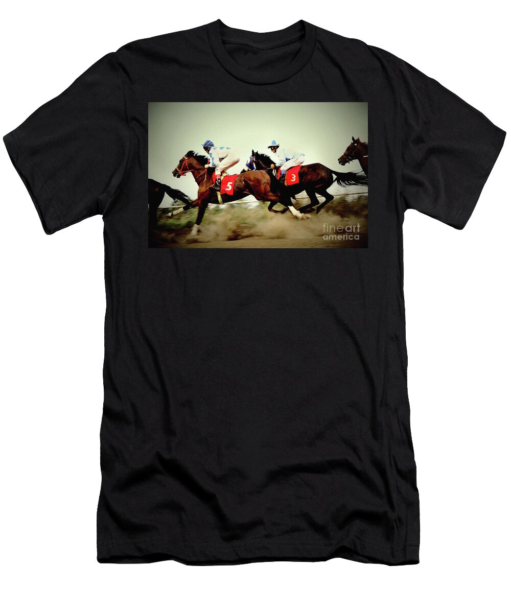 Horse T-Shirt featuring the photograph Racing horses neck to neck in competition by Dimitar Hristov