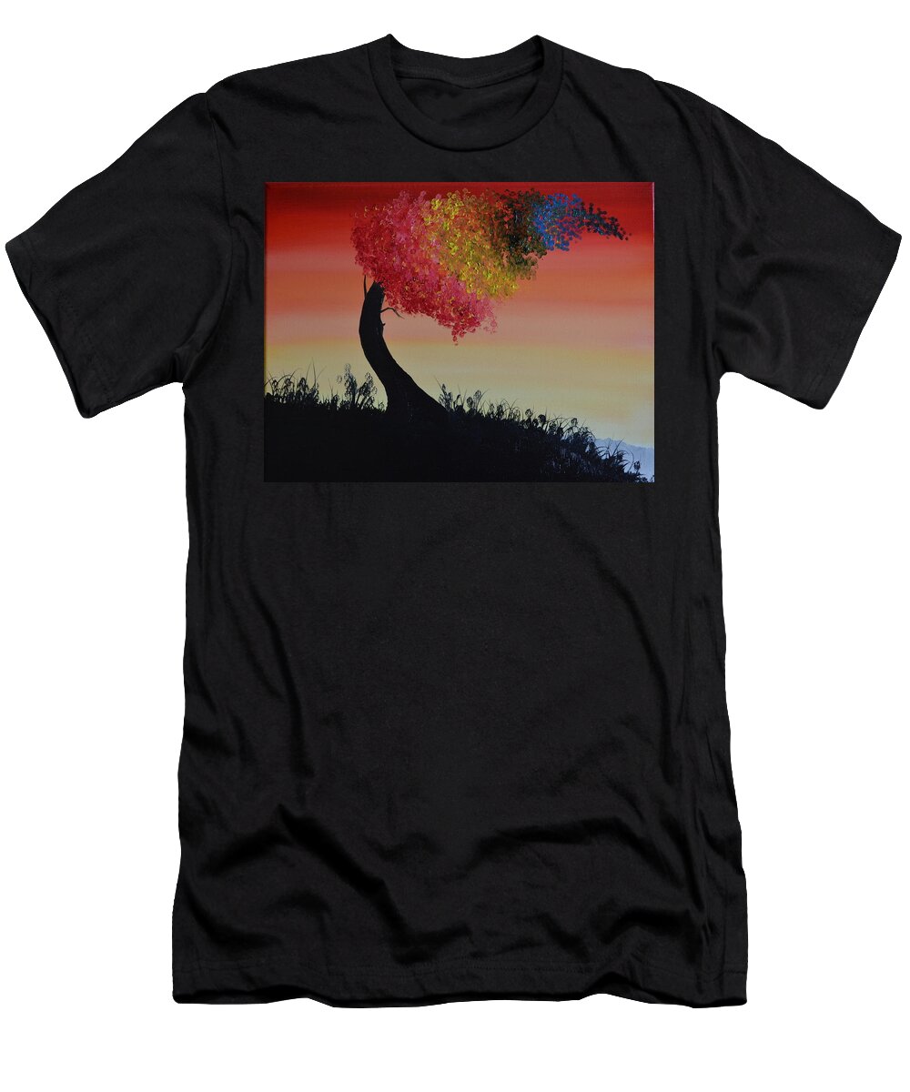 An Abstract Oil Painting Of A Tree Bending In The Wind. The Leaves Are Different Colors To Represent A Rainbow. T-Shirt featuring the painting Rainbow Tree by Martin Schmidt