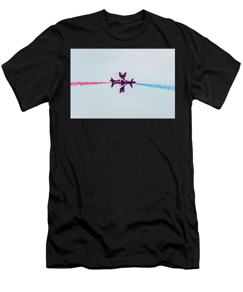 Red Arrows Synchro Pair T-Shirt featuring the photograph Red Arrows synchro pair by Gary Eason