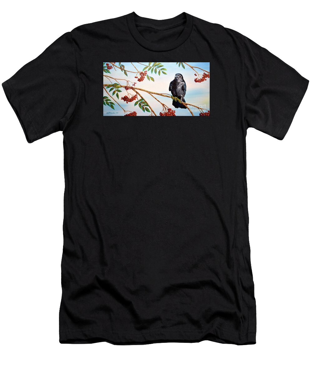 Crow T-Shirt featuring the painting Red Berries And The Crow by Pat Davidson
