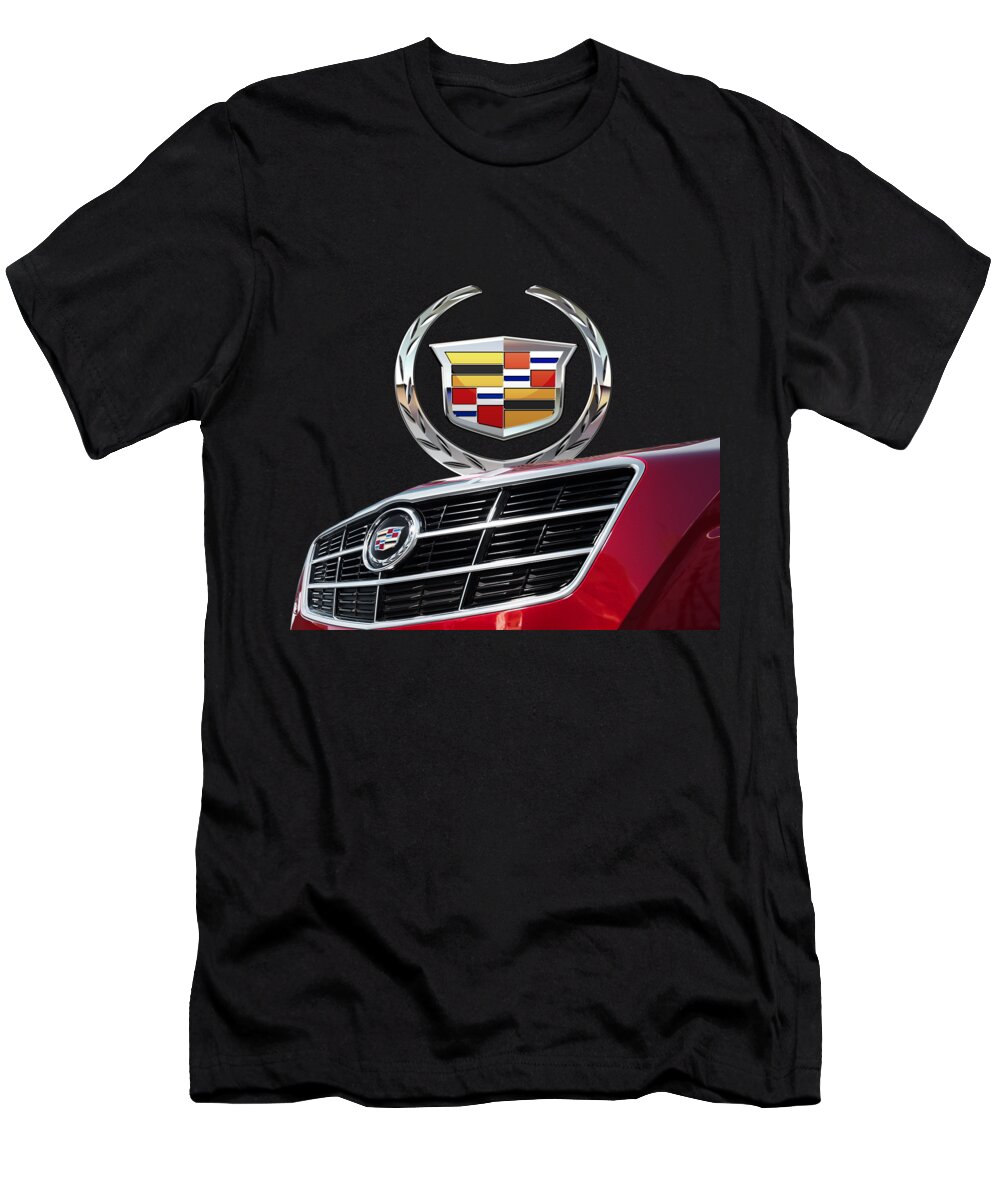 'auto Badges' By Serge Averbukh T-Shirt featuring the photograph Red Cadillac C T S - Front Grill Ornament and 3D Badge on Black by Serge Averbukh