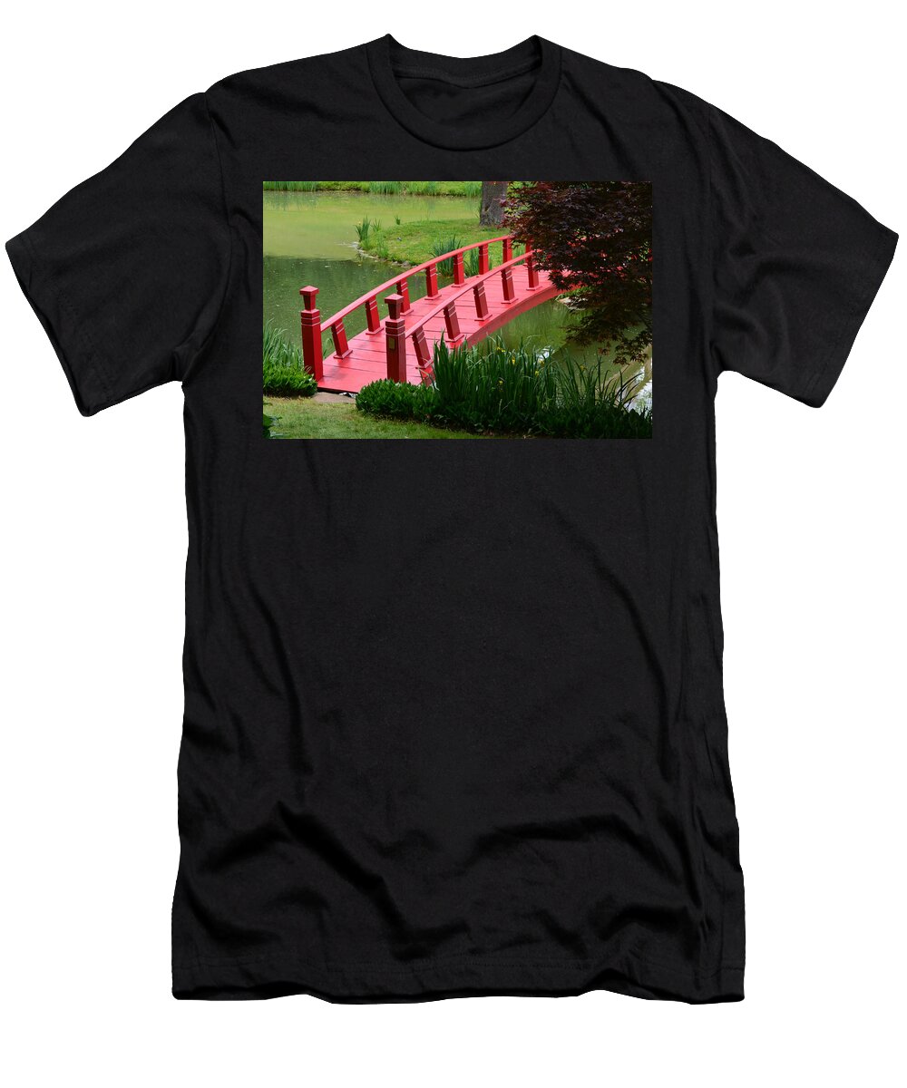 Red T-Shirt featuring the photograph Red Garden Bridge by Kathleen Stephens