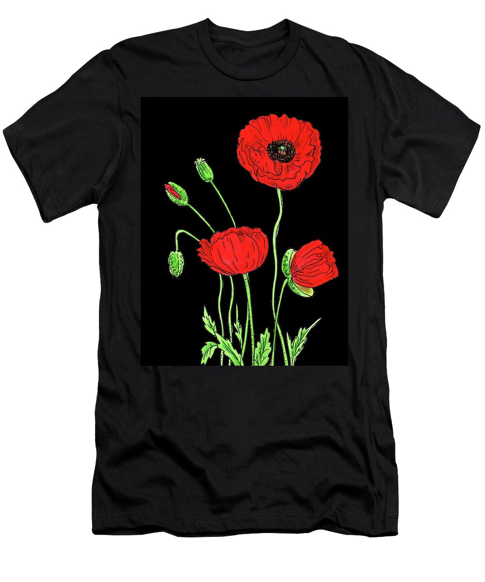 Red T-Shirt featuring the painting Red Poppy Flowers Watercolour by Irina Sztukowski