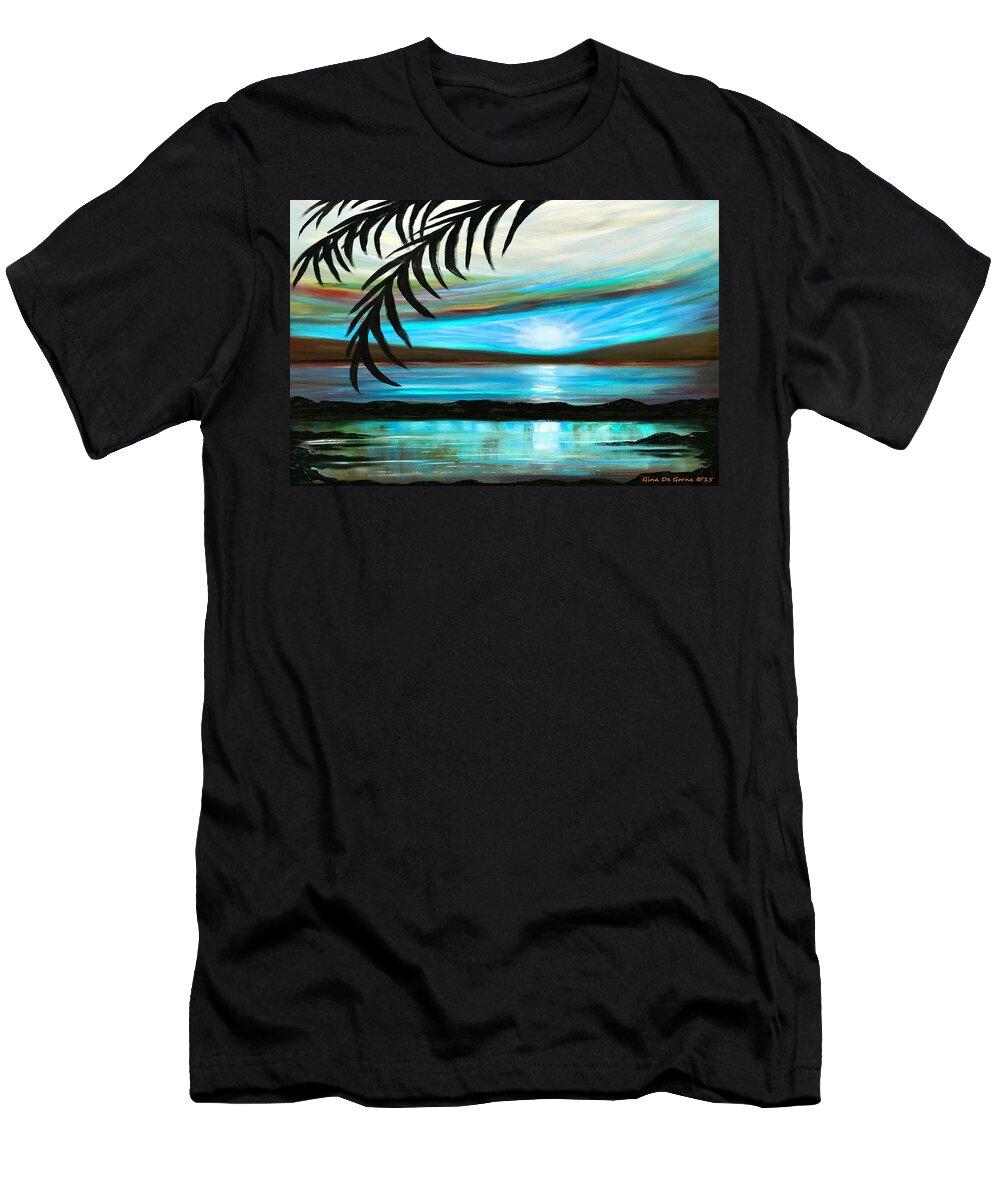 Sunset T-Shirt featuring the painting Reflections in Teal - Landscape Sunset by Gina De Gorna