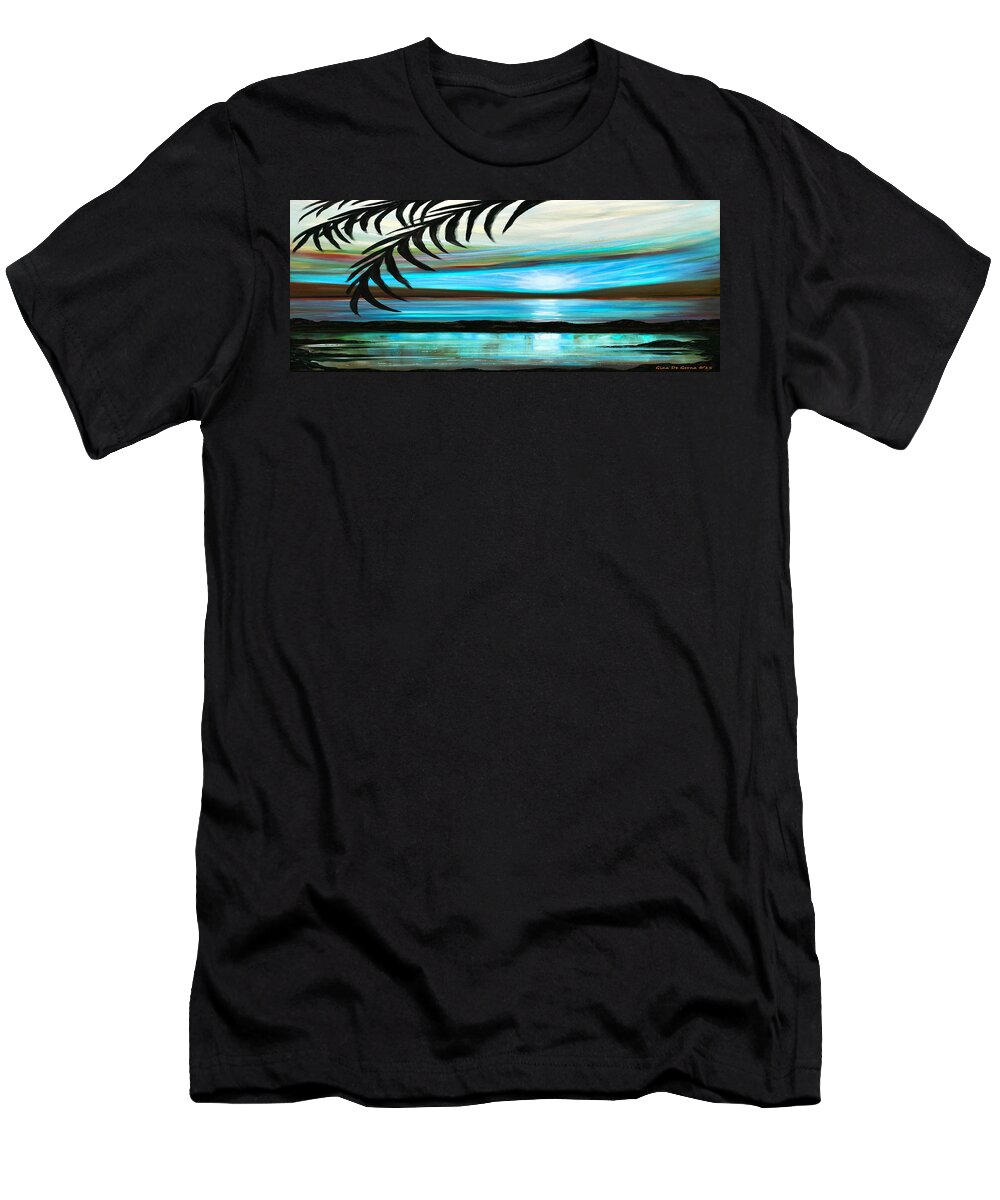 Sunset T-Shirt featuring the painting Reflections in Teal - Panoramic Sunset by Gina De Gorna