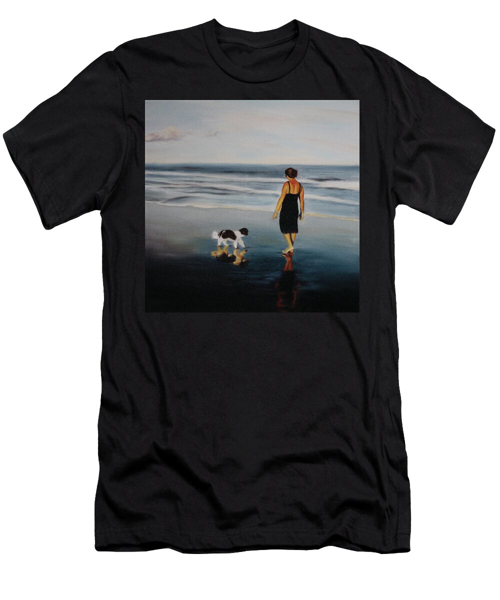 Ocean; Sunrise; Dog; Sand; Serenity; Contemplation; Companionship; Friendship; Water T-Shirt featuring the painting Reflections by Marg Wolf