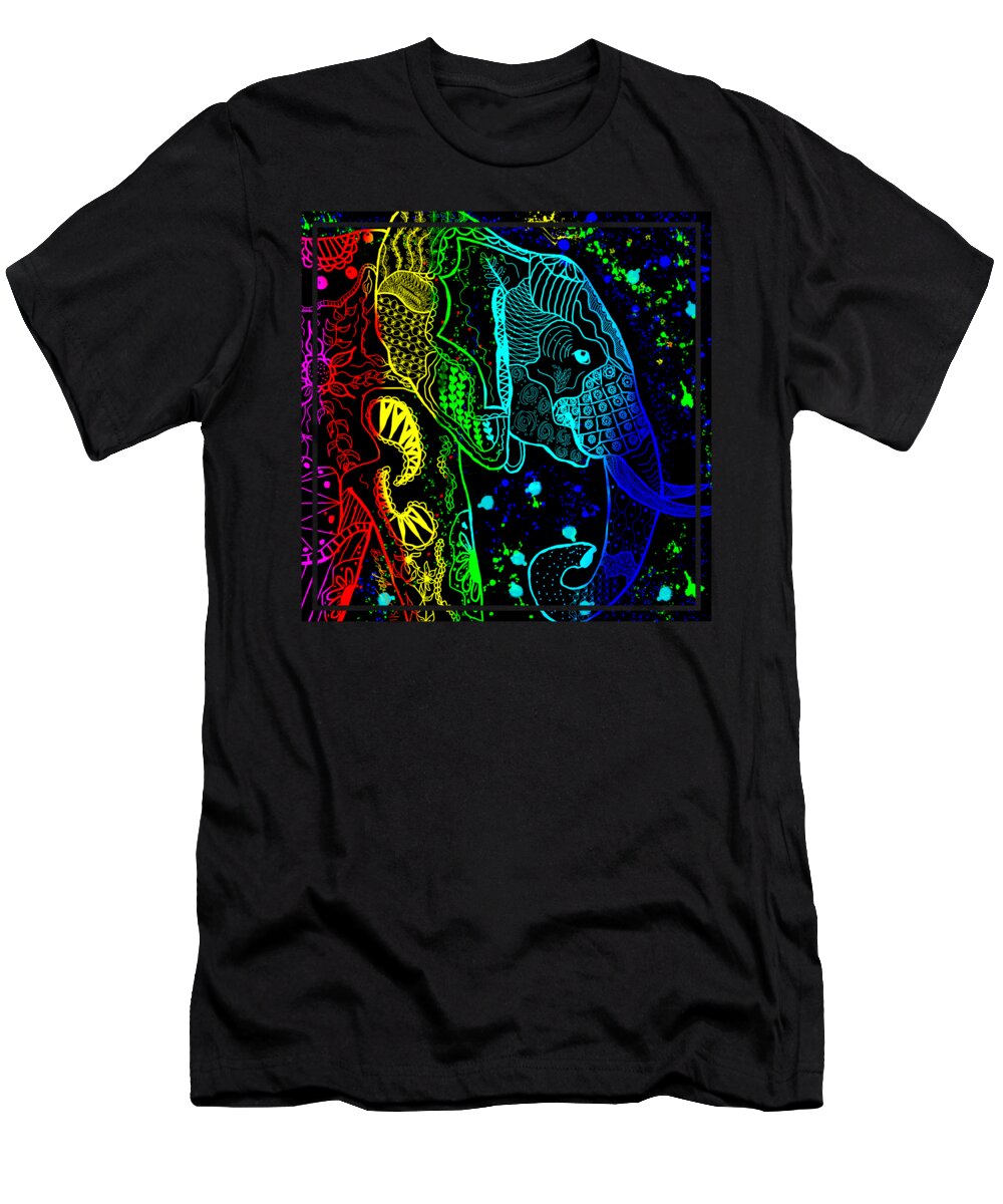 Zentangle T-Shirt featuring the painting Rainbow Zentangle Elephant with Black Background by Becky Herrera