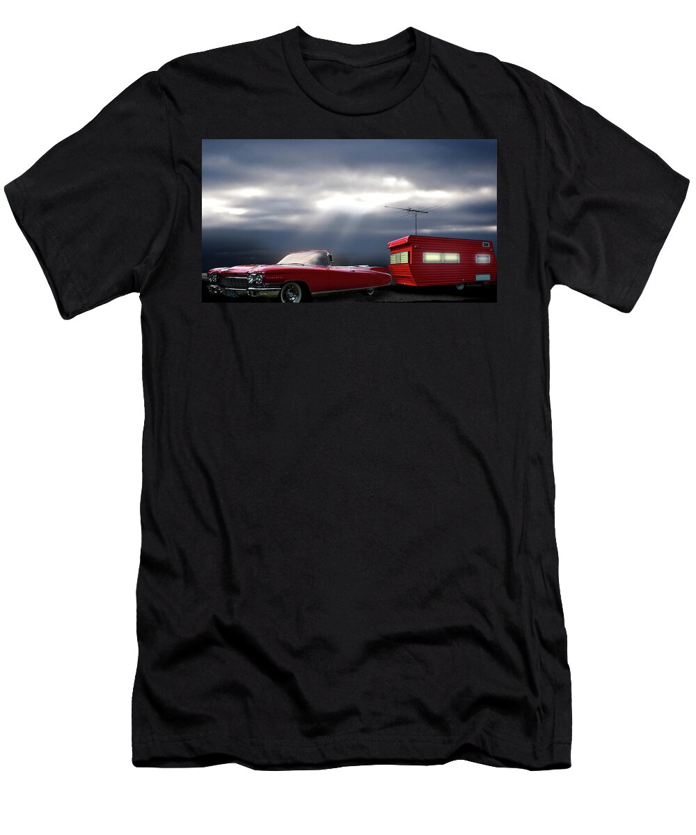 Transportation T-Shirt featuring the photograph Red Cadillac Travel Trailer Road Trip by Larry Butterworth