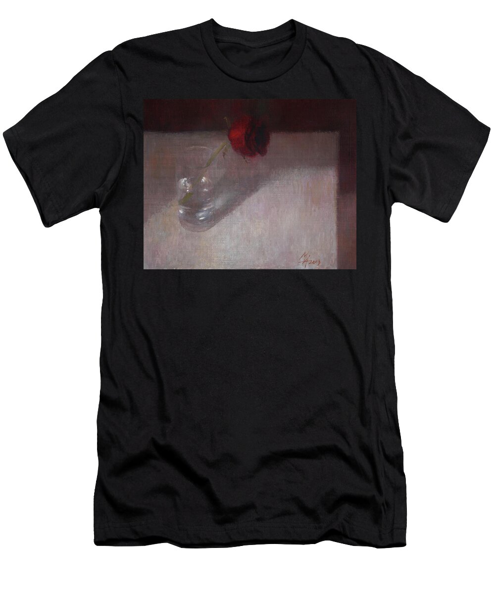 Rose T-Shirt featuring the painting Rose in Glass by Attila Meszlenyi