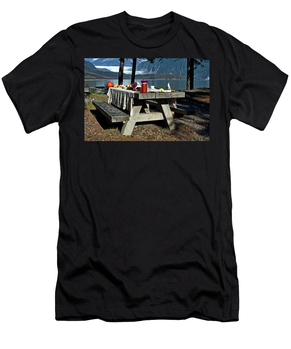 Picnic Table T-Shirt featuring the photograph Rustic Tea Table 2 by Cathy Mahnke