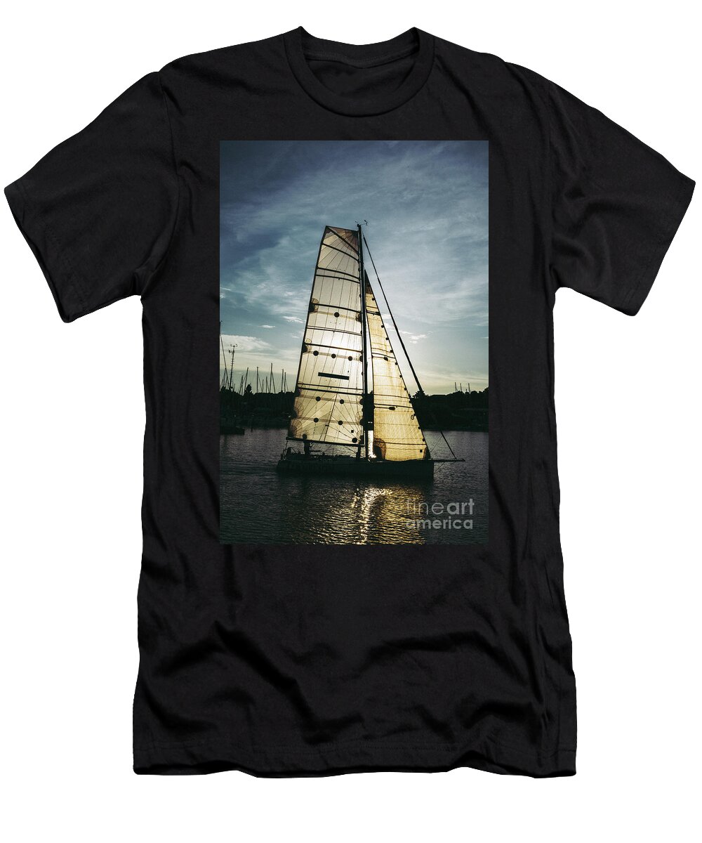 Active T-Shirt featuring the photograph Sailboat in Front of Sun in Harbor by Andreas Berthold