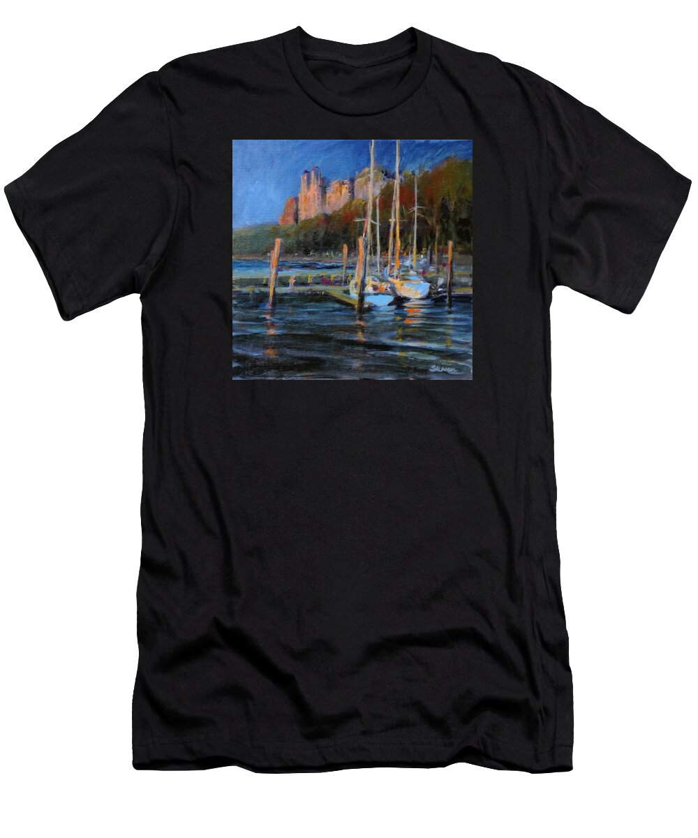 Landscape T-Shirt featuring the painting Sailboats at Dusk, Hudson River by Peter Salwen