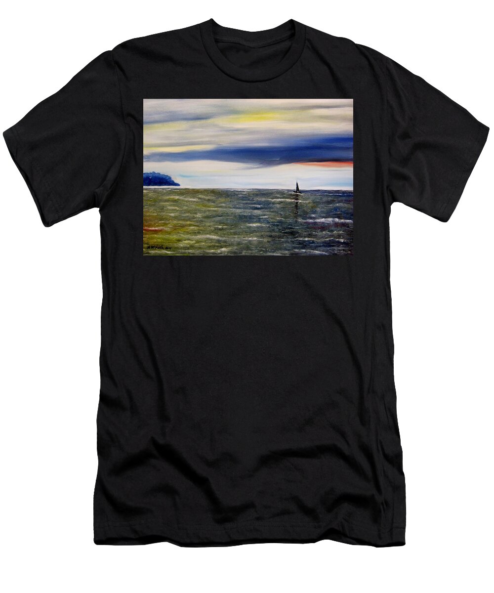Sailboat T-Shirt featuring the painting Sailing at dusk by Marilyn McNish