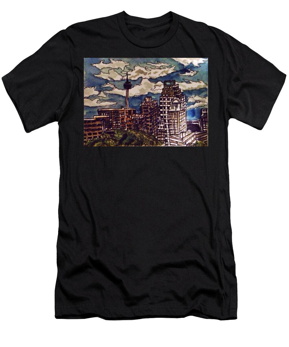 Cityscape T-Shirt featuring the painting San Antonio Skyline by Angela Weddle