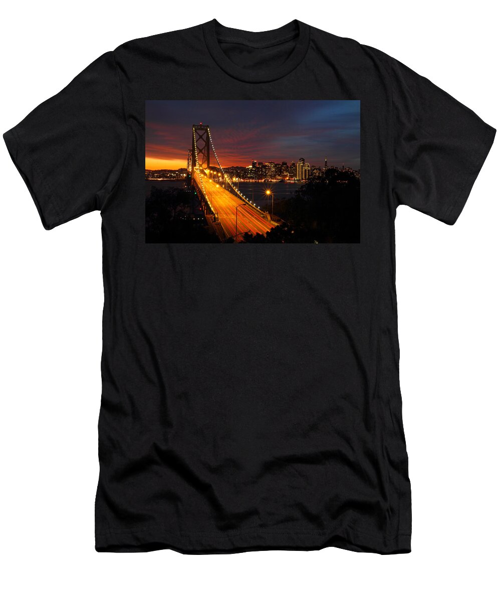 San Francisco T-Shirt featuring the photograph San Francisco Bay Bridge at sunset by Pierre Leclerc Photography