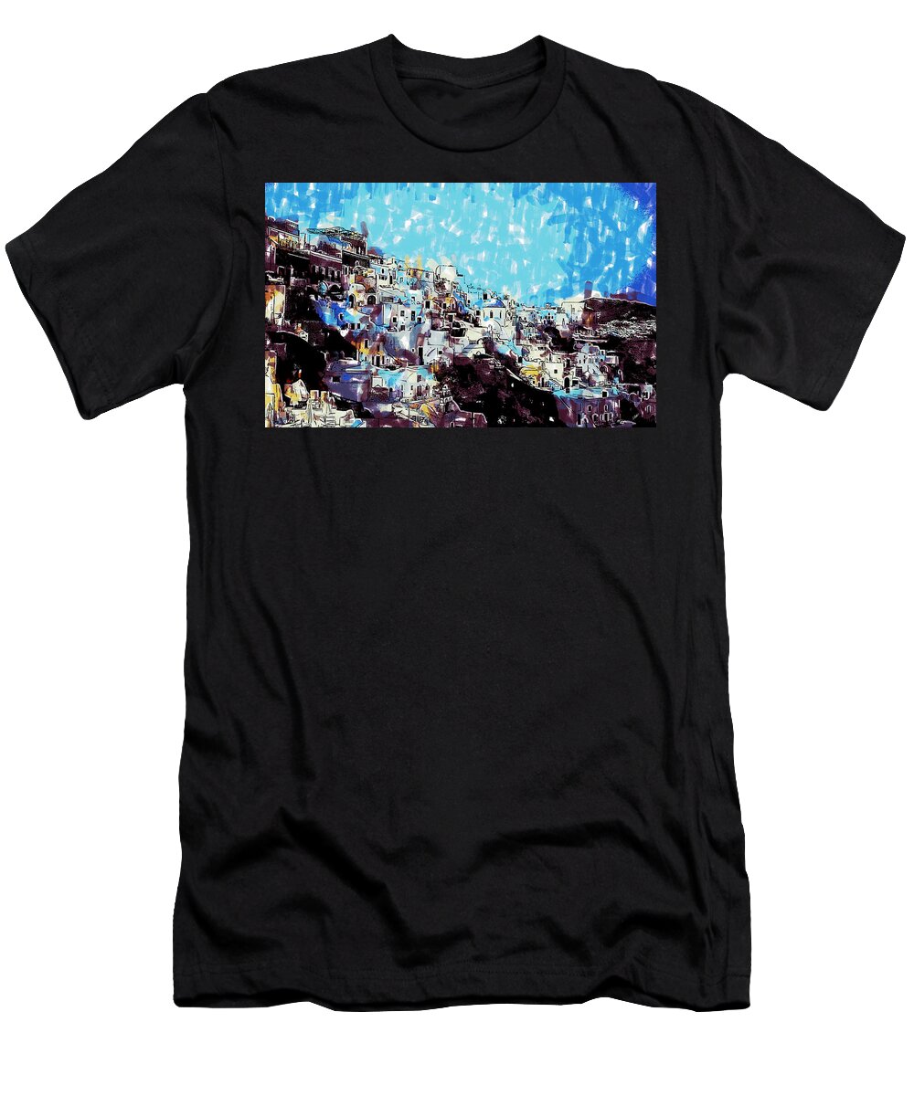 Landscape T-Shirt featuring the drawing Santorini island by Dean Wittle