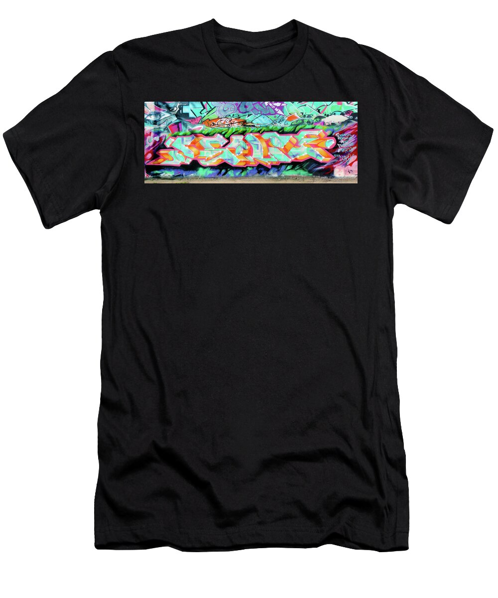 Graffiti Art T-Shirt featuring the photograph SCAPE, Screaming Creative and Positive Energy, Graffiti Art North 11th Street, San Jose 1990 by Kathy Anselmo