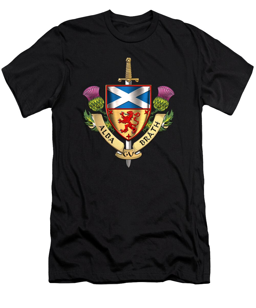 “world Heraldry” Collection Serge Averbukh T-Shirt featuring the digital art Scotland Forever - Alba Gu Brath - Symbols of Scotland over Brown Leather by Serge Averbukh