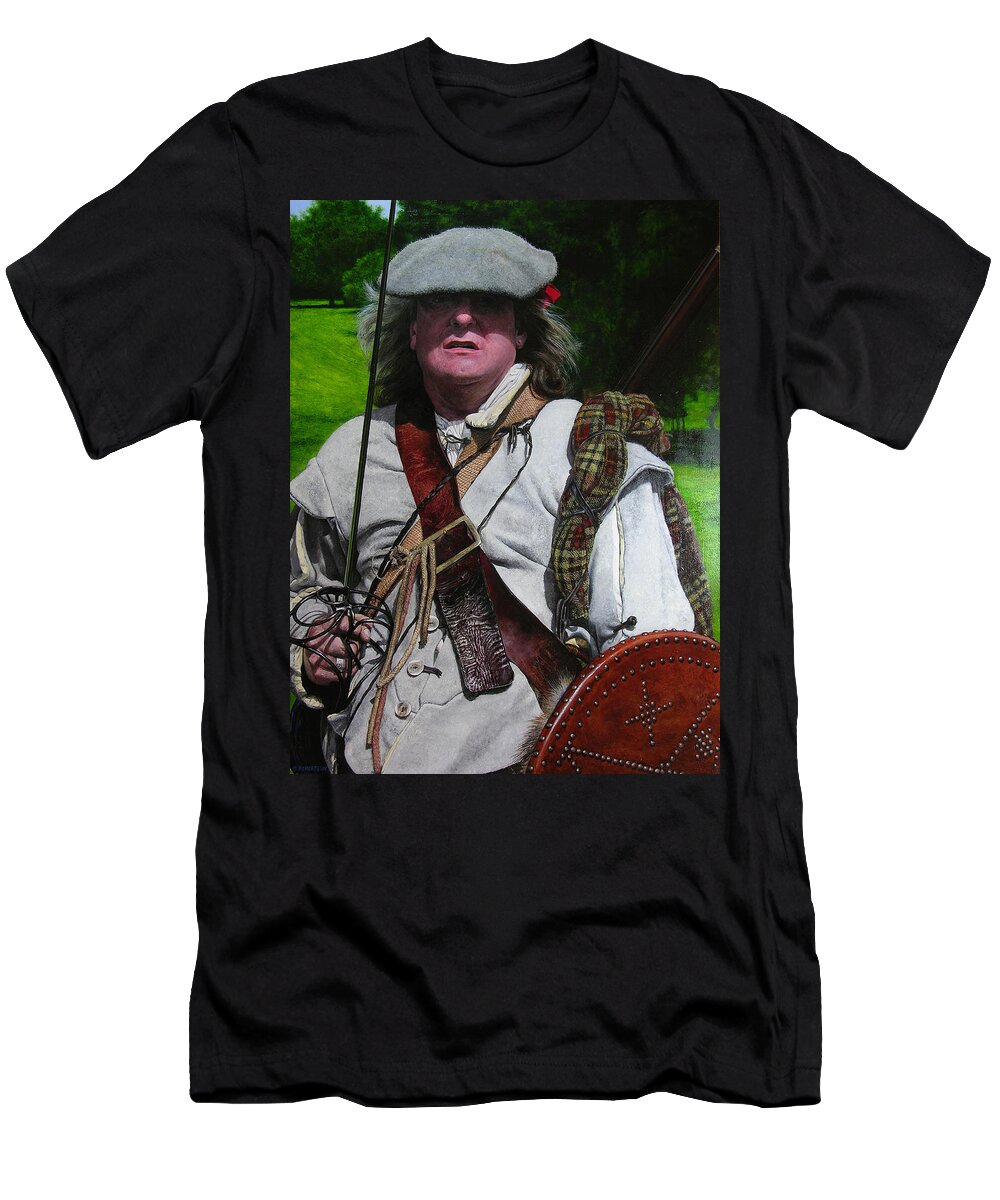 Scotland T-Shirt featuring the painting Scottish soldier of the Sealed Knot at the Ruthin Seige Re-enactment by Harry Robertson