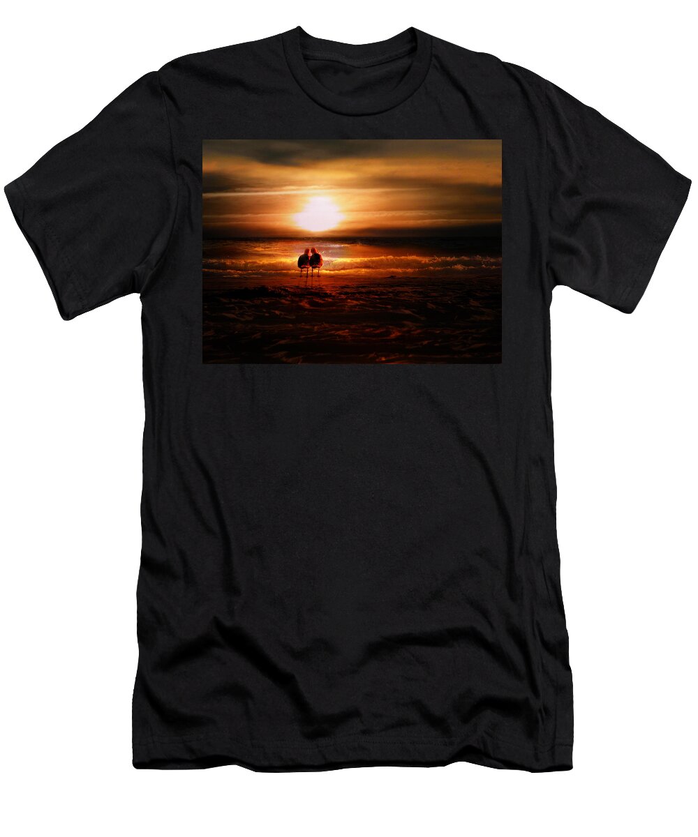 Sunrise T-Shirt featuring the digital art Seagulls on the Beach by Gravityx9 Designs