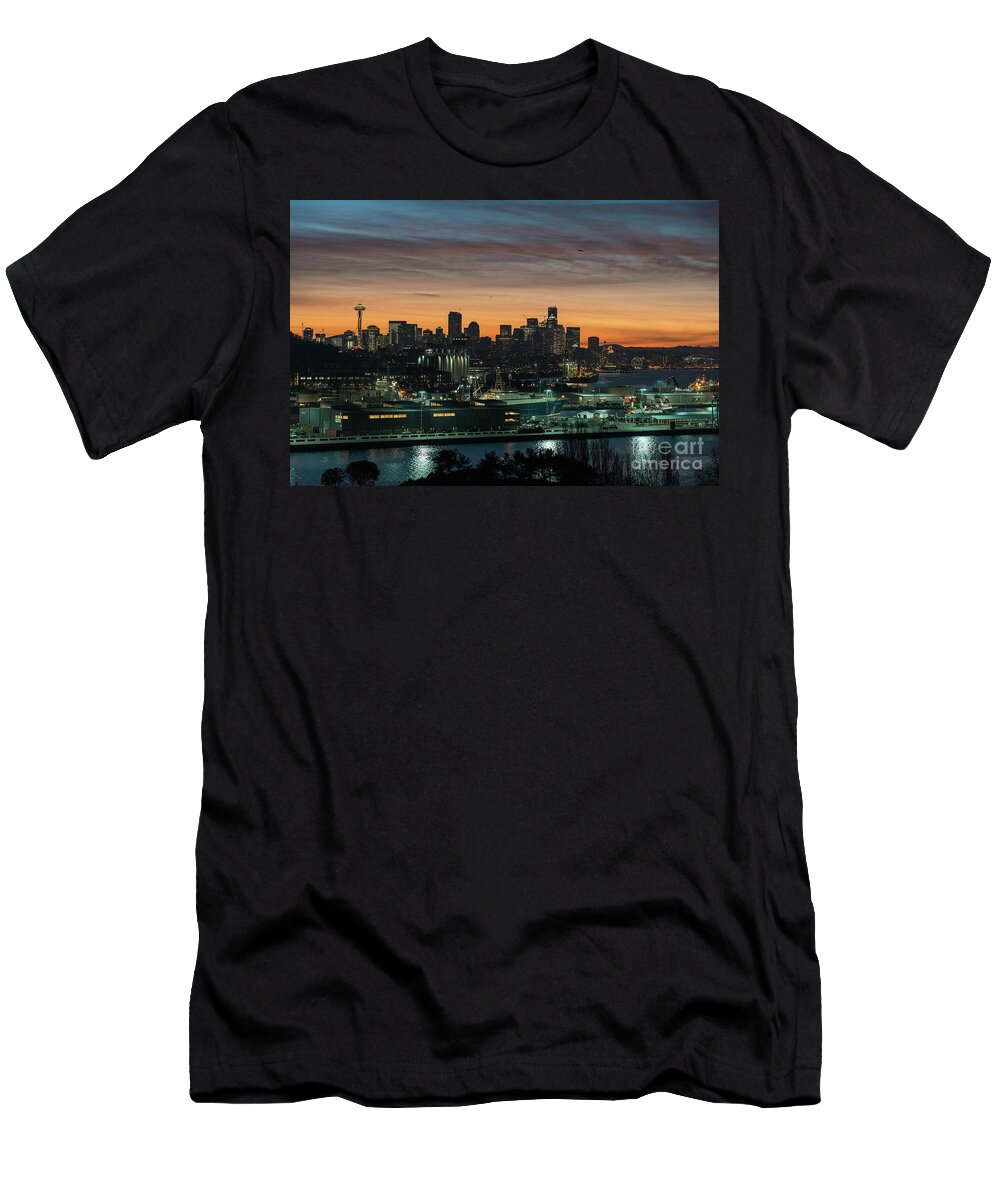Seattle T-Shirt featuring the photograph Seattle and Pier 90 Sunrise by Mike Reid