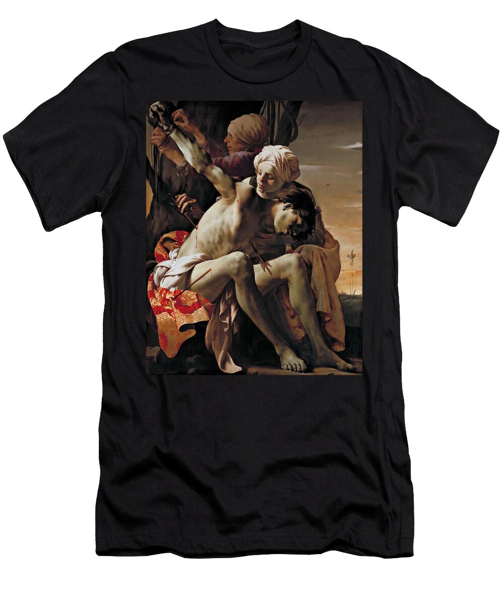 Hendrick Ter Brugghen T-Shirt featuring the painting Sebastian Tended by Irene by Hendrick ter Brugghen
