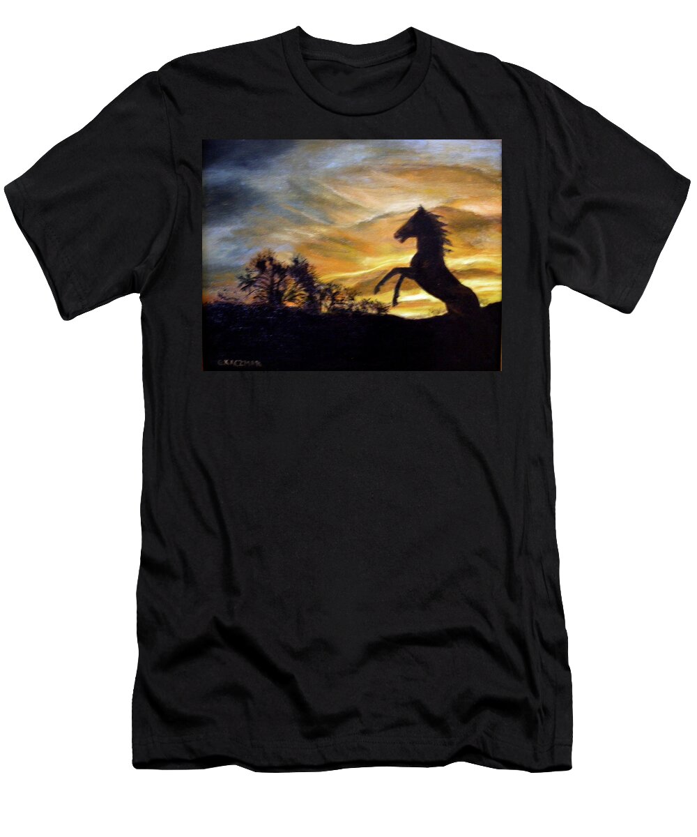 Sunset T-Shirt featuring the painting Sentry on Duty by Olga Kaczmar