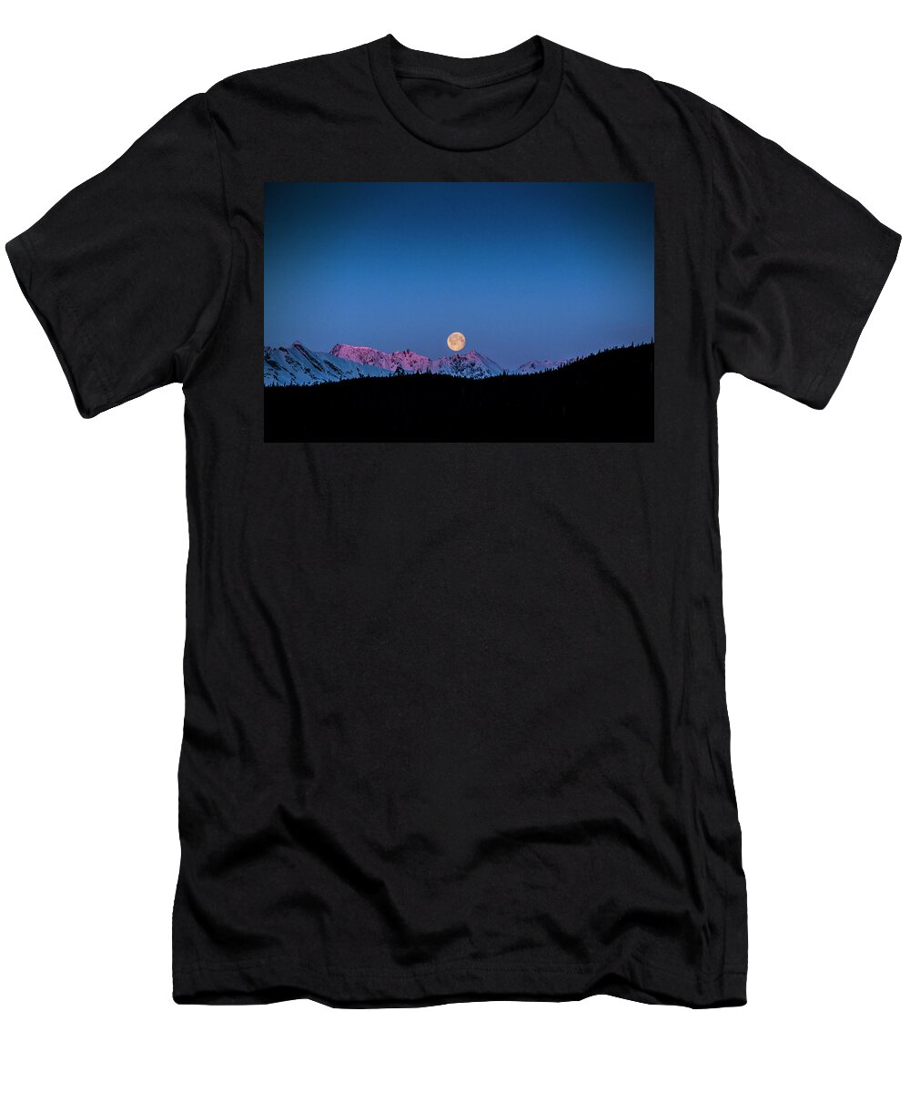 Landscape T-Shirt featuring the photograph Setting Moon over Alaskan Peaks by Matt Swinden