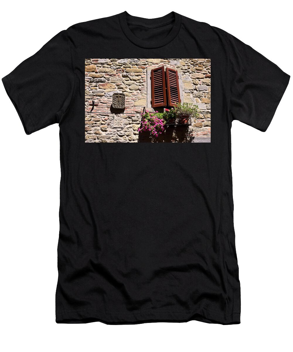 Wood Shutters T-Shirt featuring the photograph Shuttered Window and Flowers by Sally Weigand