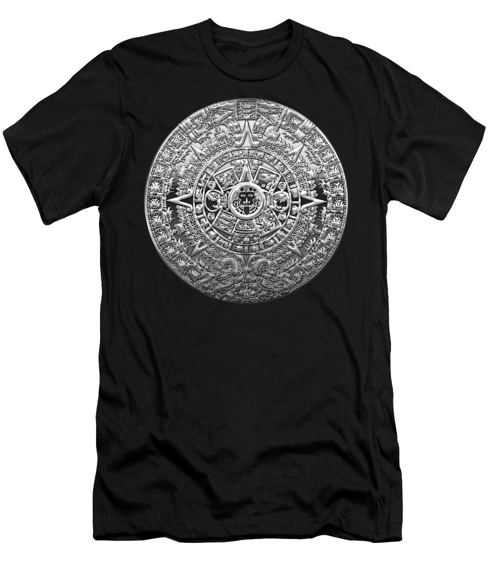 'treasures Of Mesoamerica' Collection By Serge Averbukh T-Shirt featuring the digital art Silver Mayan-Aztec Calendar on Black and Red Leather by Serge Averbukh