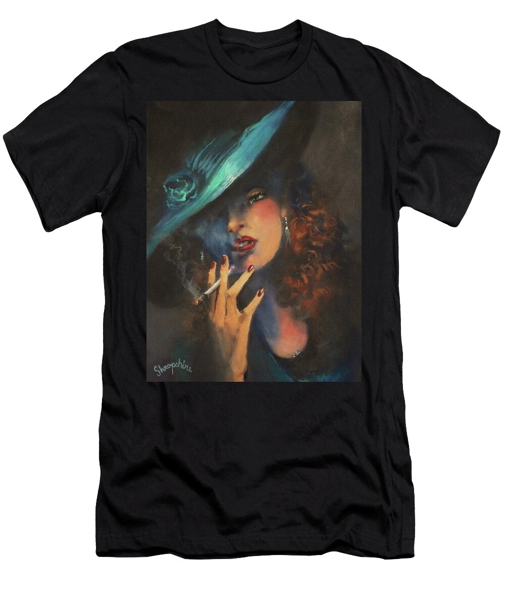 Woman Smoking Cigarette T-Shirt featuring the painting Smoke Gets In Your Eyes by Tom Shropshire