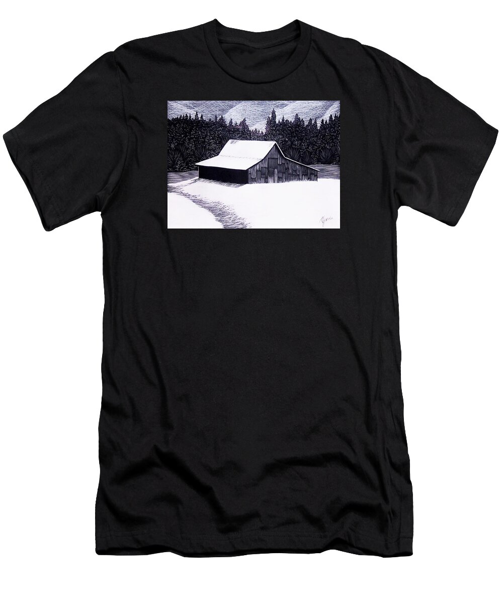 Barn T-Shirt featuring the drawing Snowy Barn by Jim Harris