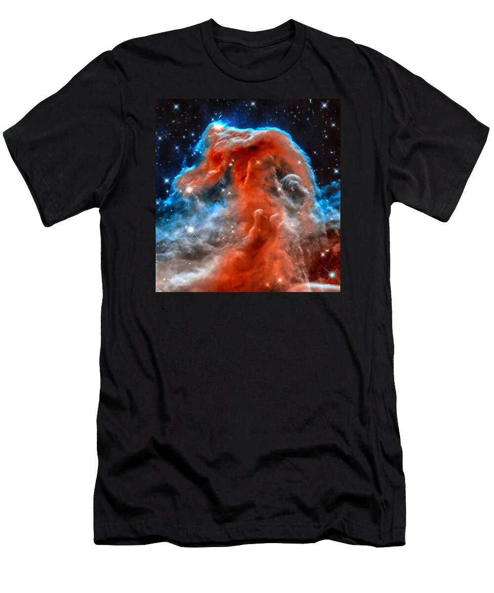 Horsehead Nebula T-Shirt featuring the photograph Space image horsehead nebula orange red blue black by Matthias Hauser